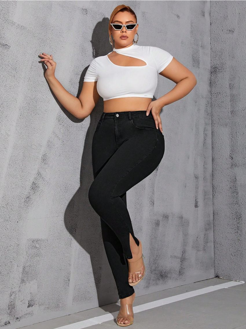 SHEIN SXY Plus Size High Waisted Skinny Jeans With Slit Hem
