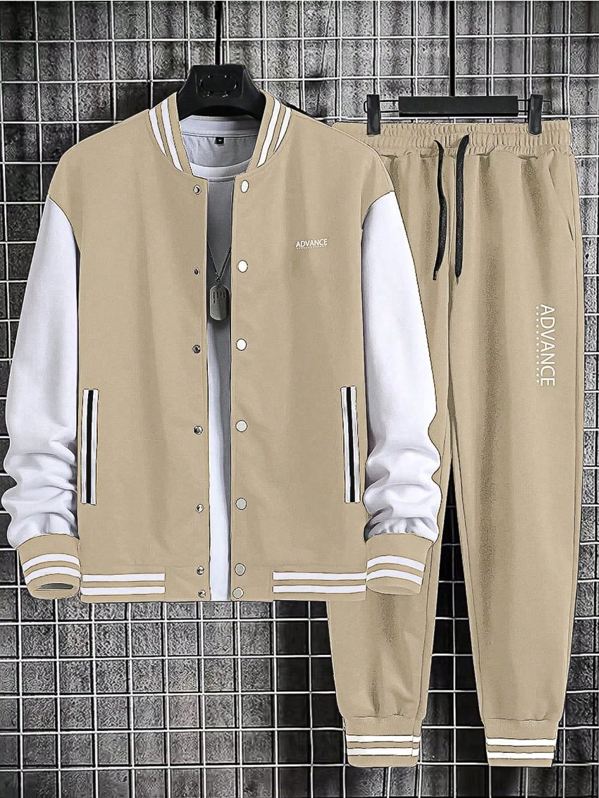 Manfinity Men Letter Graphic Striped Trim Bomber Jacket & Drawstring Waist Sweatpants Without Tee