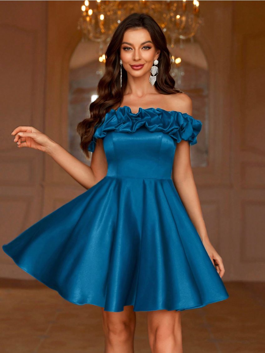 SHEIN Belle Women's Satin Off-Shoulder Ruffled Trim Gathered Cocktail Dress