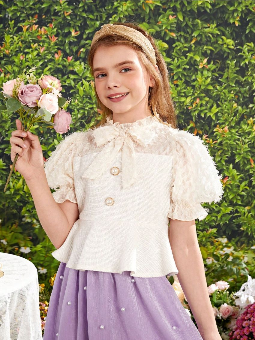 SHEIN Kids FANZEY Tween Girls' Frill Collar Bubble Sleeve Checkered & Tweed Mix Blouse With Button And Ruffle Hem Detail