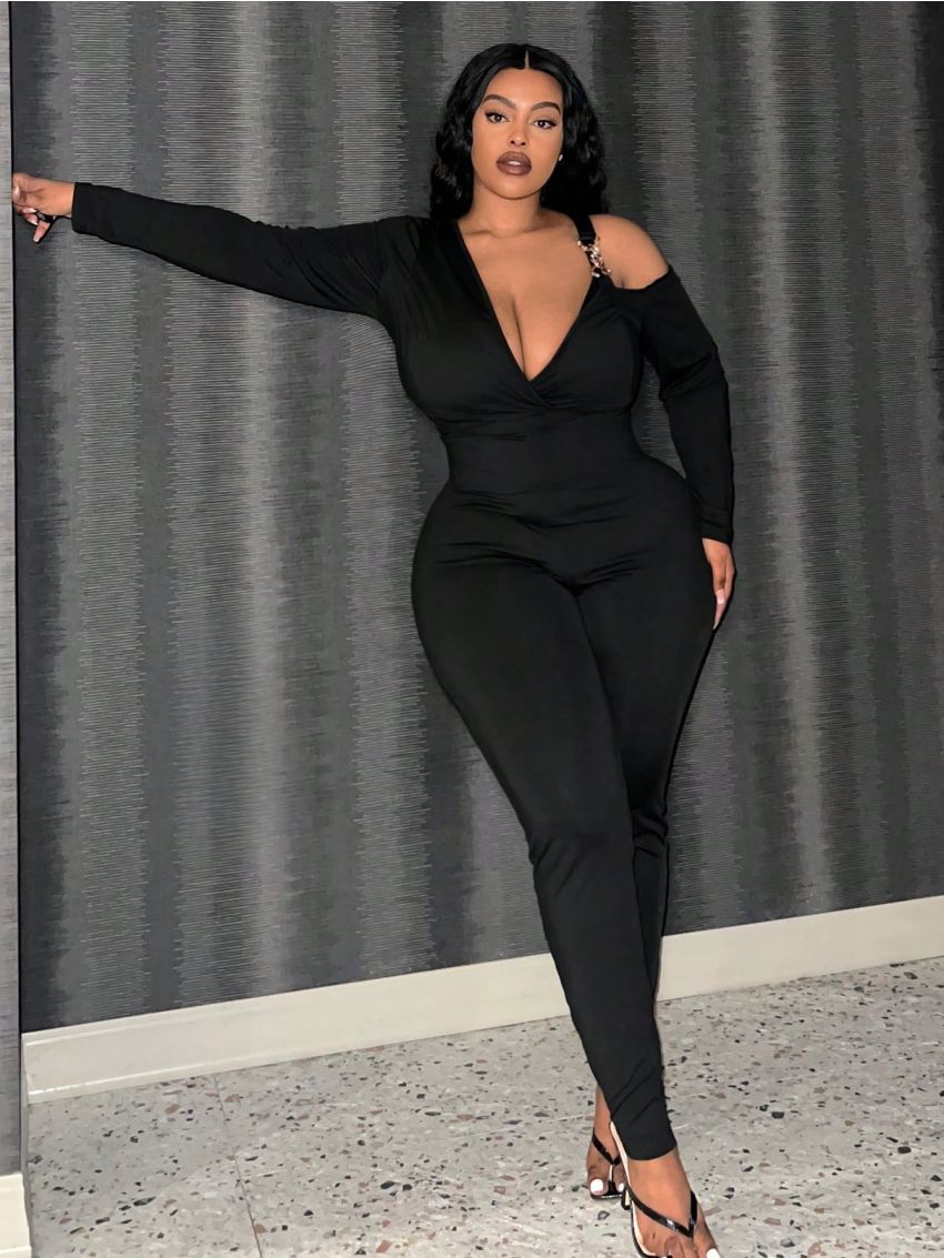 SHEIN Slayr Plus Size Women'S Irregular Collar Slim-Fit Jumpsuit