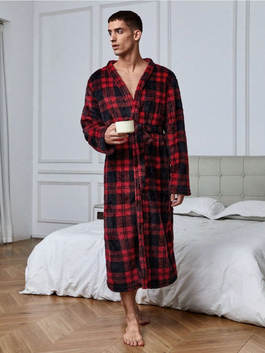 Men's Loose Plaid Flannel Bathrobe, Lounge Wear