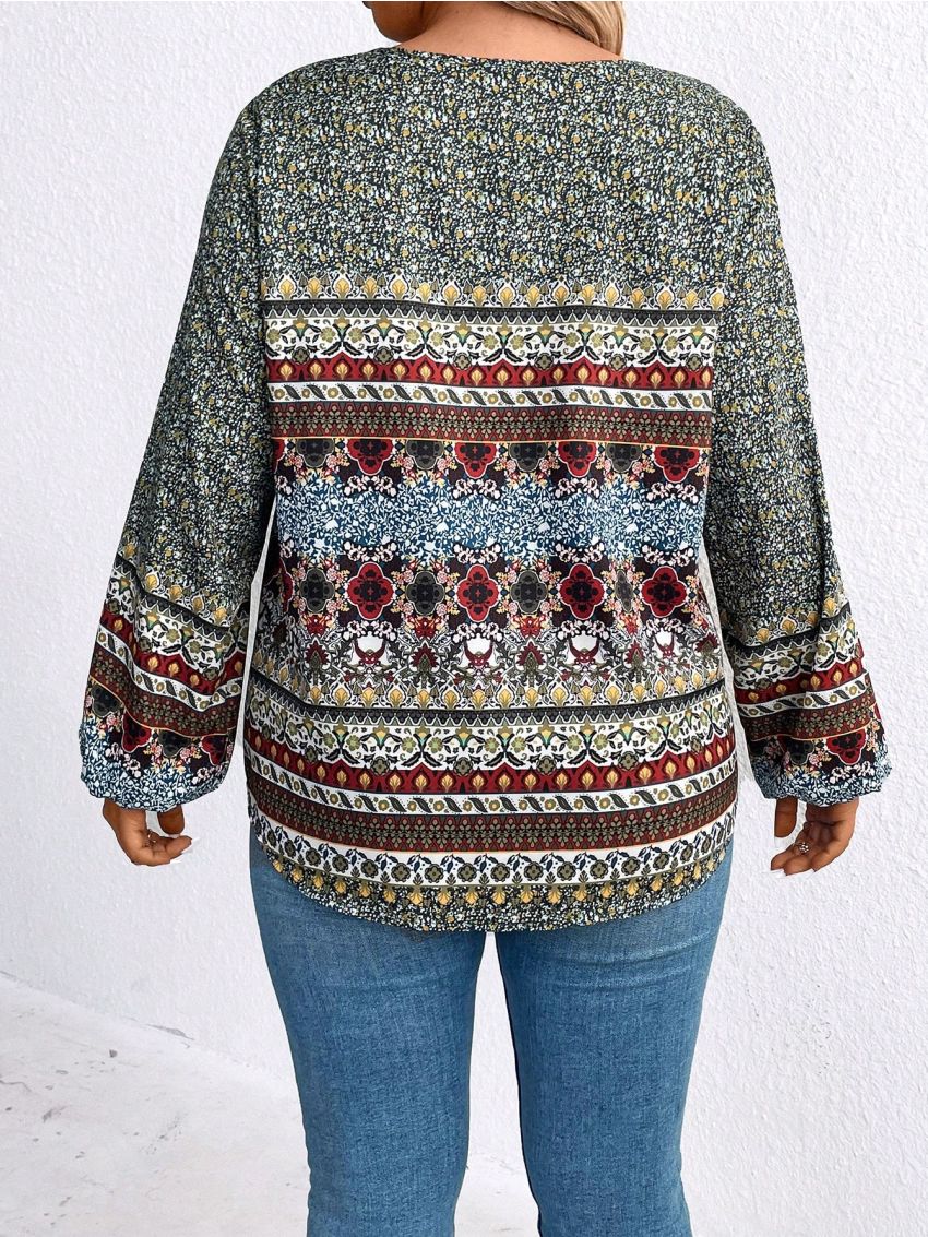 Plus Size Printed Patchwork Cross Tie Shirt