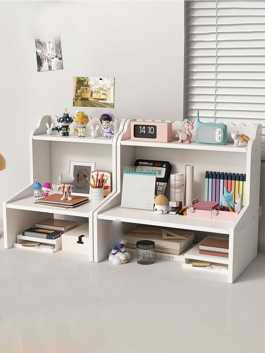 1pc White Wood-plastic Board Desktop Storage Rack For Living Room, Bedroom, Study, Dining Room, Kitchen, Dormitory, Suitable To Store Books, Computers, Cosmetics, Seasonings, Small Ornaments, Jewelry, Etc.