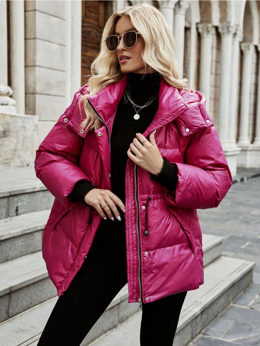 SHEIN Frenchy Drawstring Waist Drop Shoulder Zipper Hooded Down Coat