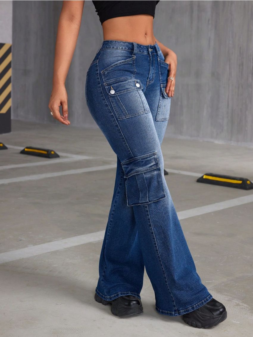 SHEIN ICON Vintage Cargo Style Denim Flare Pants