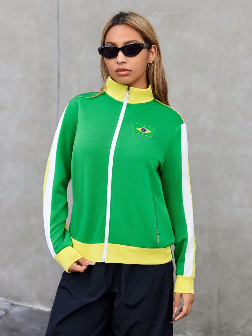 SHEIN Coolane Women'S Zip Front Color Block Jacket