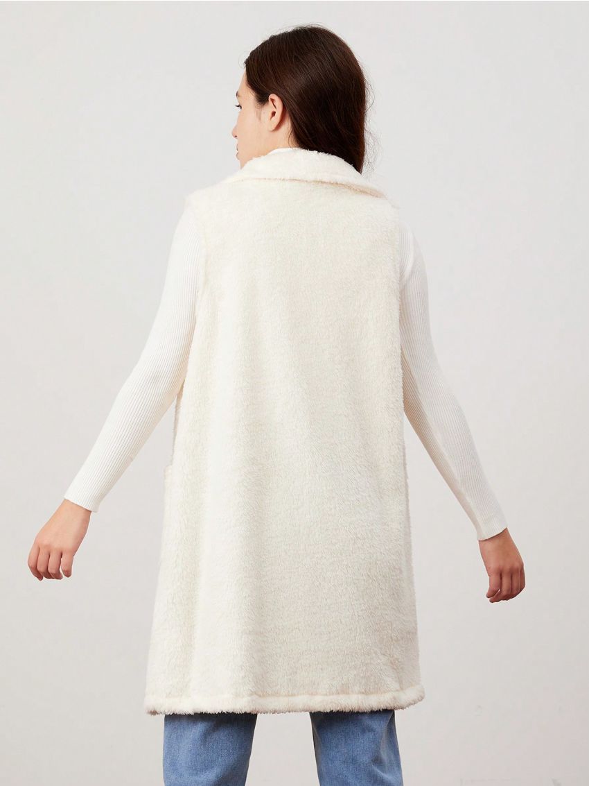 Teen Girl Lapel Neck Dual Pocket Fuzzy Vest Coat
