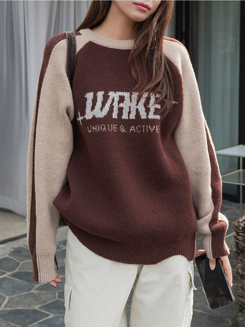 FRIFUL Women'S Color Block Letter Pattern Raglan Sleeve Sweater