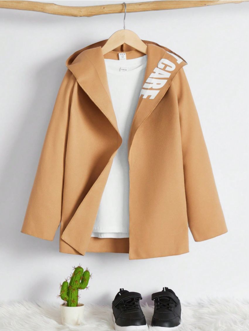 SHEIN Tween Boys' Hooded Cardigan With Letter Print, Medium Thickness, Soft Woolen Fabric