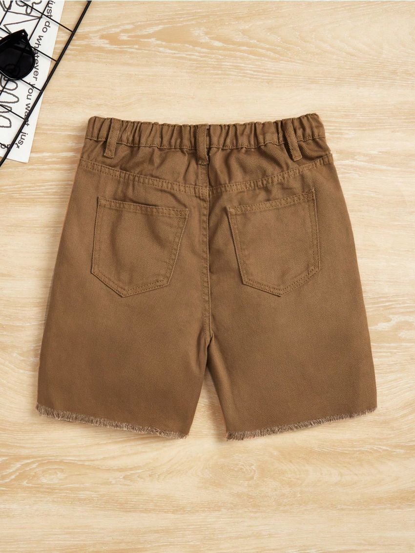 SHEIN Boys' Solid Color Ripped Denim Shorts