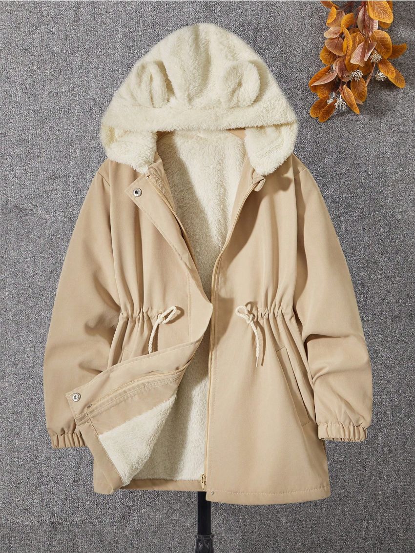 SHEIN Kids QTFun Boys' Cute Mid-length Hooded Parka Coat With Warm Ears, For Winter