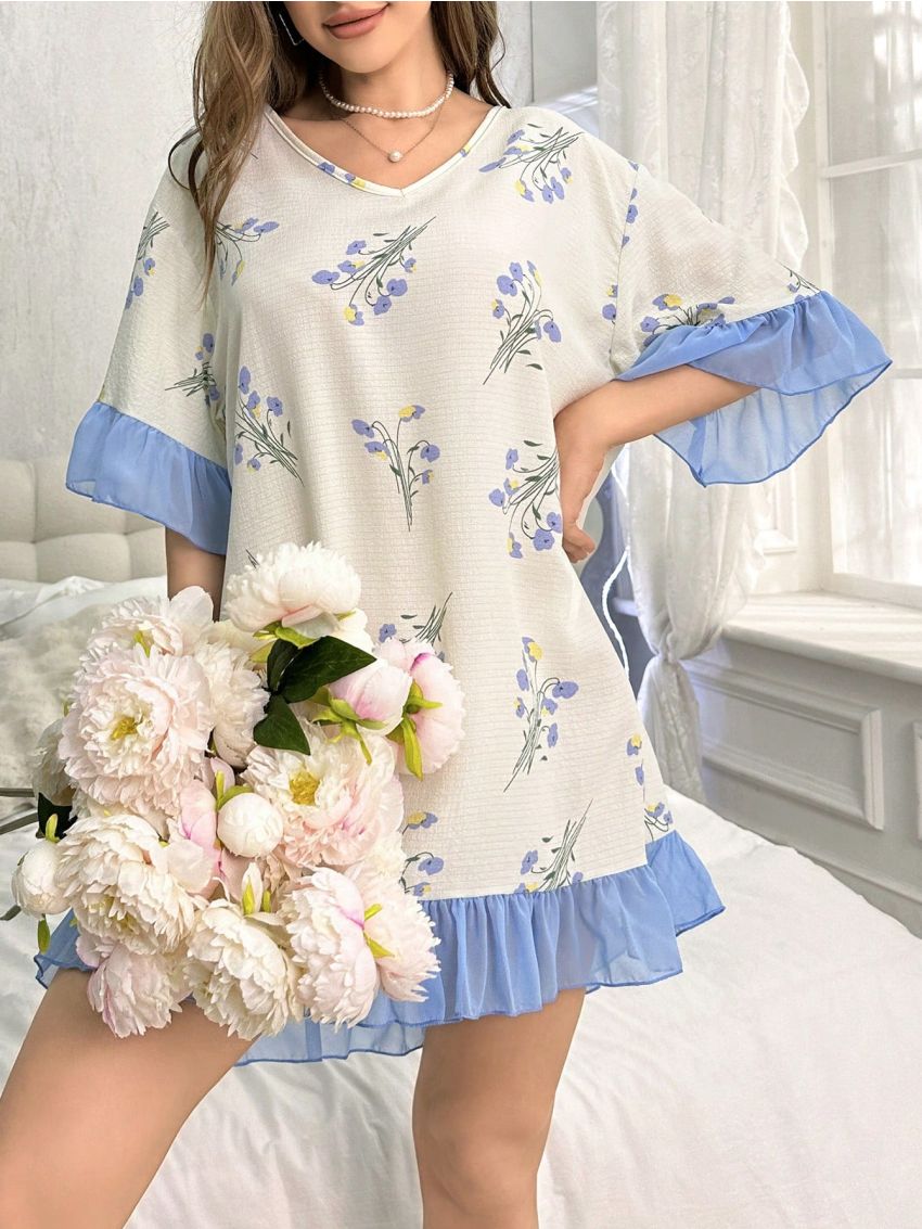 Floral Print Sleep Dress With Ruffle Trim