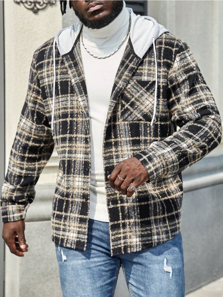 Manfinity Homme Men's Plus Size Plaid Hooded Shirt Jacket