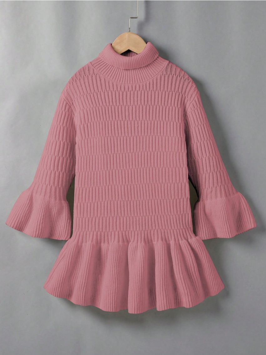 Little Girls' Solid Color High Neck Ruffled Hem Decorated Sweater Dress