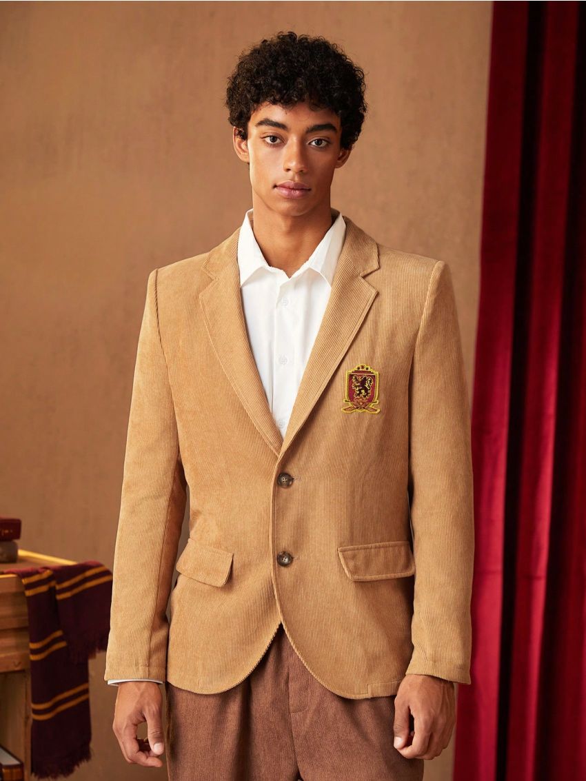 HARRY POTTER X SHEIN Men Letter Patched Flap Detail Corduroy Blazer