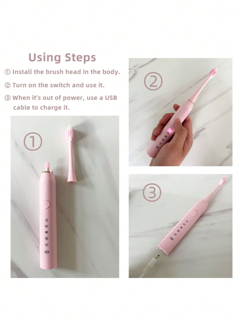 1pc Electric Toothbrush With 3 Replaceable Heads, Usb Rechargeable, 5 Cleaning Modes, Bathroom Wall Mounted Holder With Storage Rack, Travel Toothbrush Head Cover, Sonic Toothbrush Ipx7 Waterproof, Teeth Whitening & Oral Health Care, Suitable For