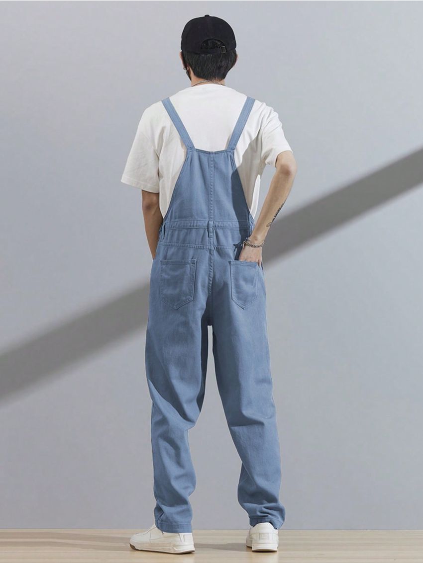 Manfinity Hypemode 1pc Men's Adjustable Shoulder Strap Denim Jumpsuit With Slanted Pockets