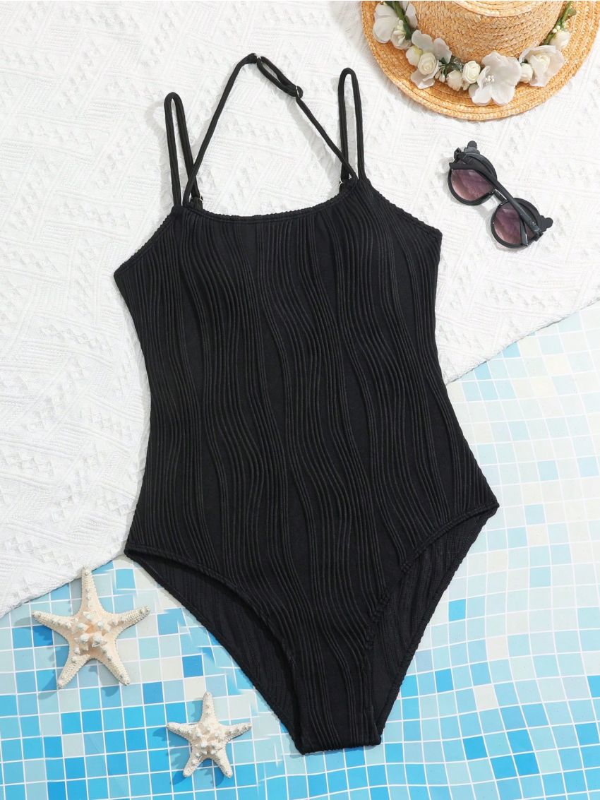 Solid Texture One Piece Swimsuit For Teen Girls