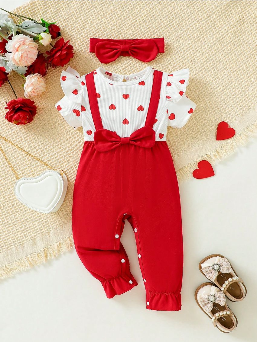 SHEIN 2pcs Baby Girls' Casual Red Heart Print Cute 3d Bow Knot Jumpsuit, Fit For Spring And Summer, Ideal For Valentine's Day