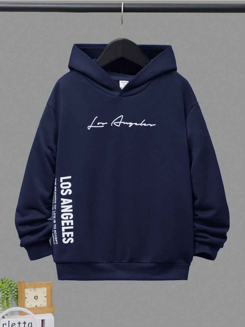 SHEIN Tween Boy Casual Hooded Sweatshirt With Letter Print