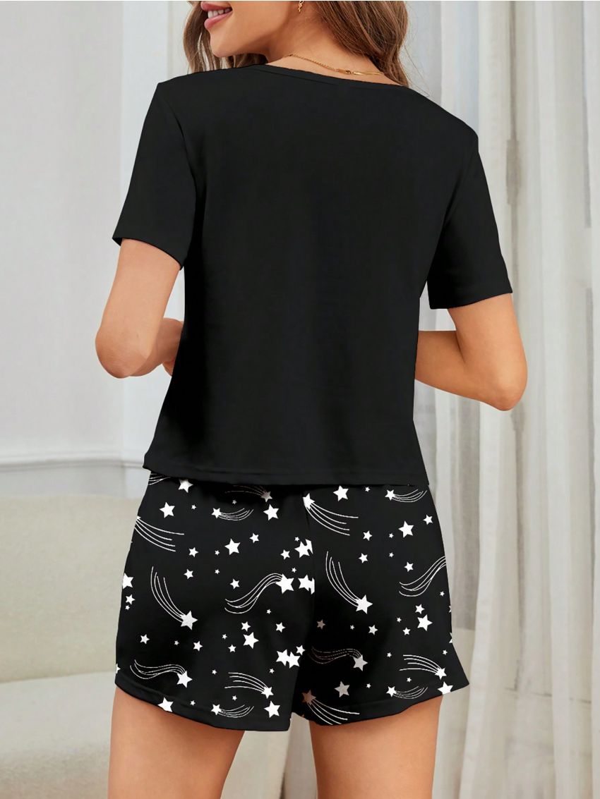 Ladies' Pajamas Set With Text & Star Print