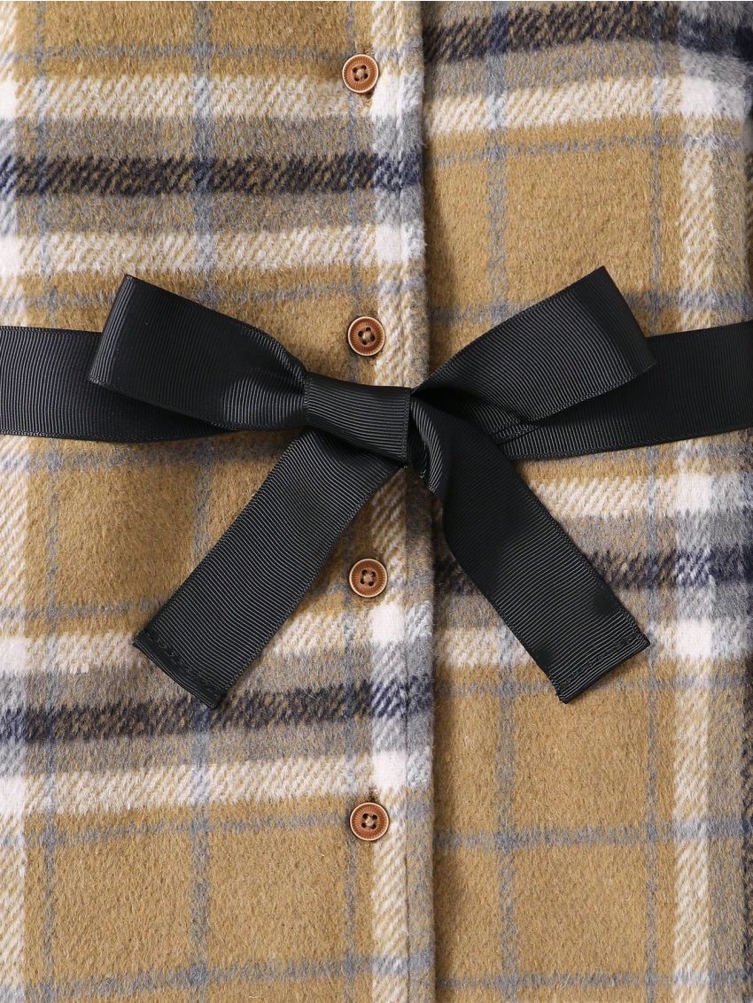 SHEIN Kids FANZEY Young Girl Plaid Print Hooded Belted Overcoat