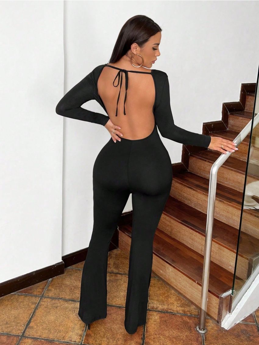 SHEIN SXY Women'S Scoop Neck Open Back Tie Jumpsuit