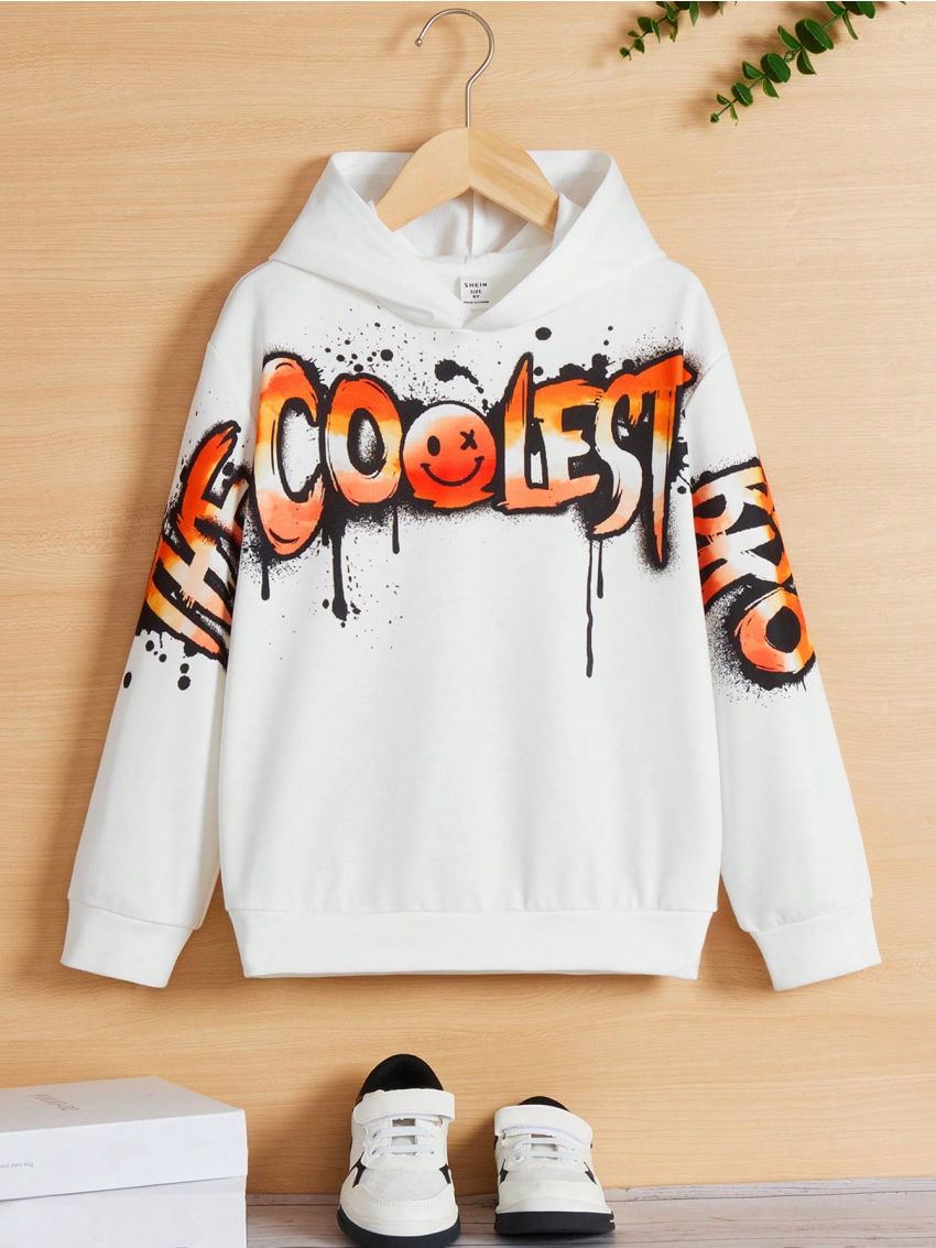 SHEIN Tween Boys' Graffiti Style Ink Splatter Element Printed Plush Lined Warm Long Sleeve Hoodie