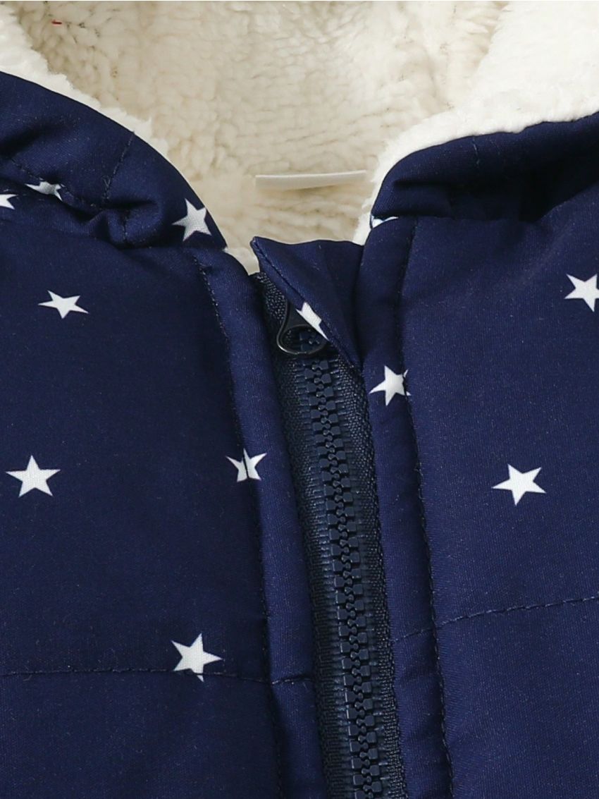 Toddler Boys' Blue Star Printed Thick Casual Daily Jacket, Autumn And Winter