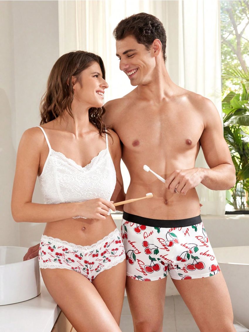 SHEIN 3pcs/Set Women's Cherry Printed Lace Trimmed Triangle Panties