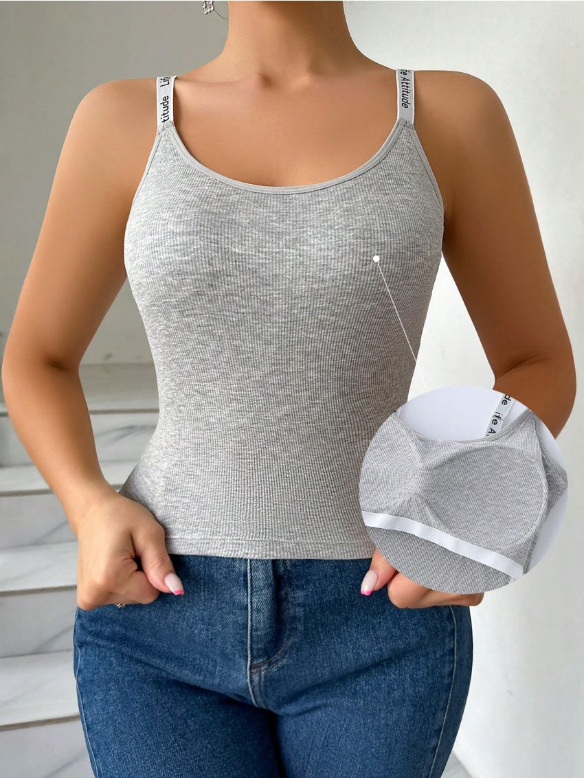 Women'S Letter Detail Slim Fit Vest Top With Built-In Bra