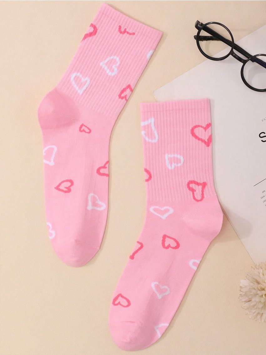 Reh Arte Pink Jacquard Mid-Calf Socks With Heart Pattern