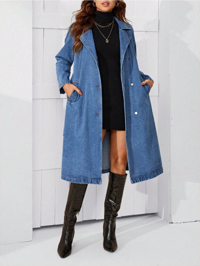 SHEIN LUNE Women's Lapel Tie Waist Denim Jacket