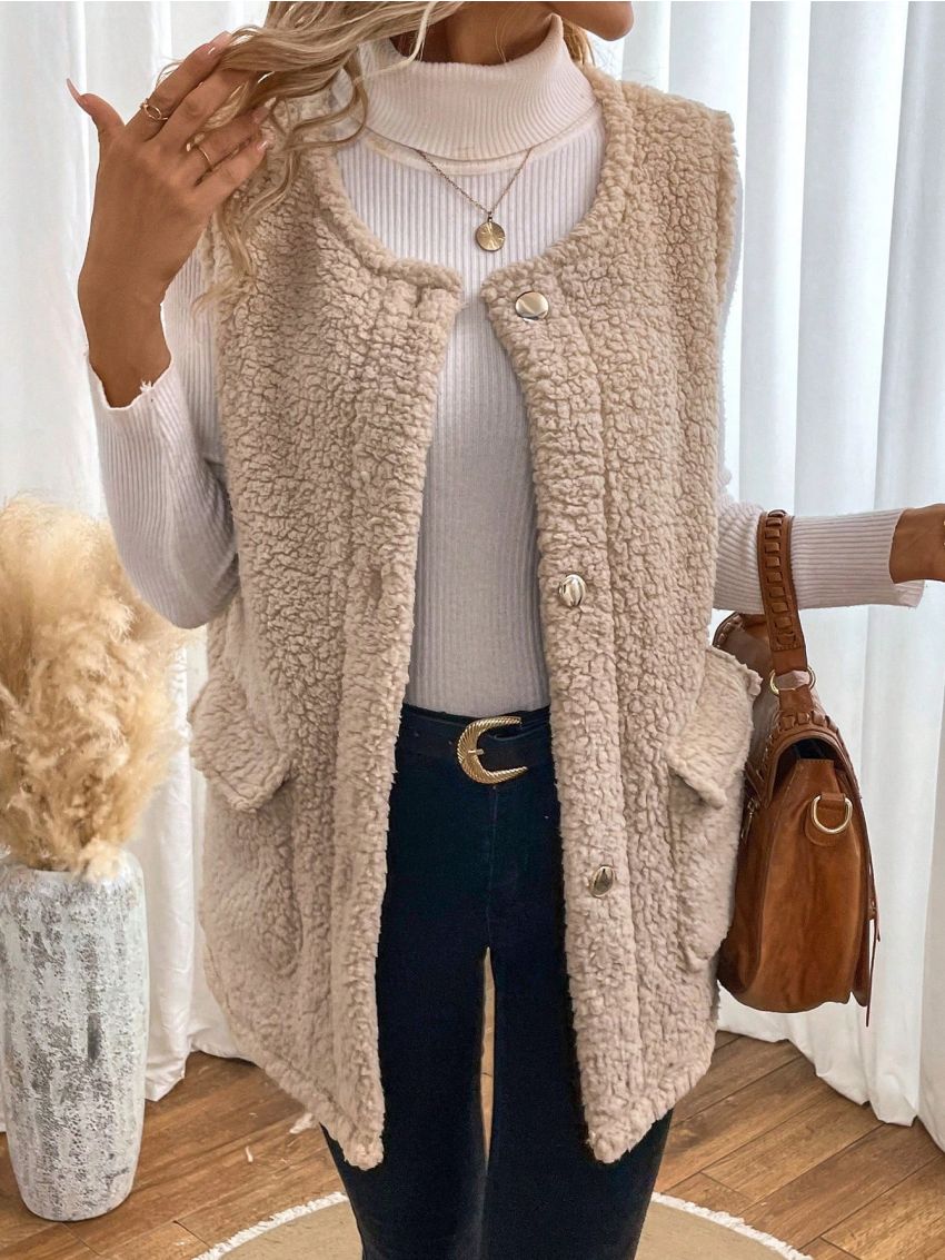 SHEIN LUNE Women'S Sherpa Single-Breasted Sleeveless Jacket