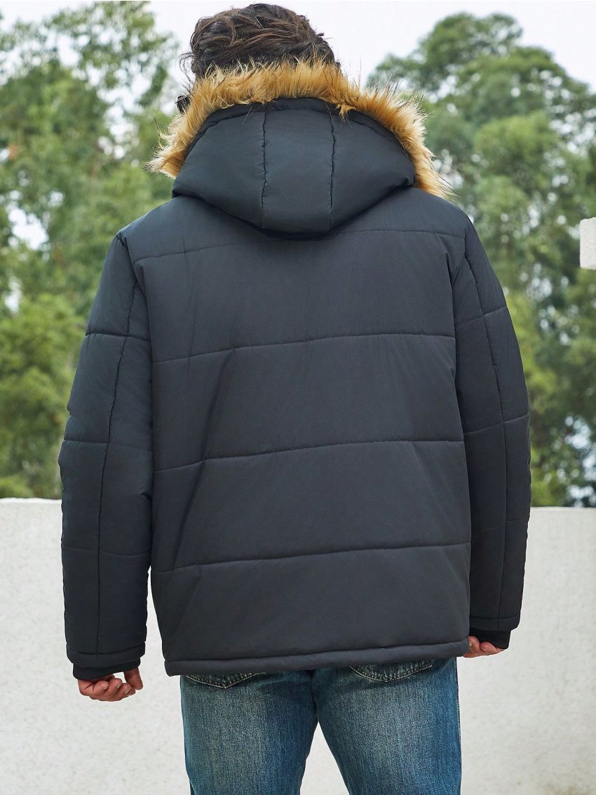 Men Plus Flap Pocket Fuzzy Trim Hooded Winter Coat