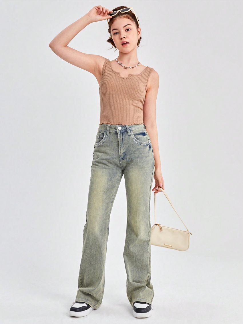 SHEIN Teenage Girls' Knitted Tank Top Set With Notch Neckline, 3pcs