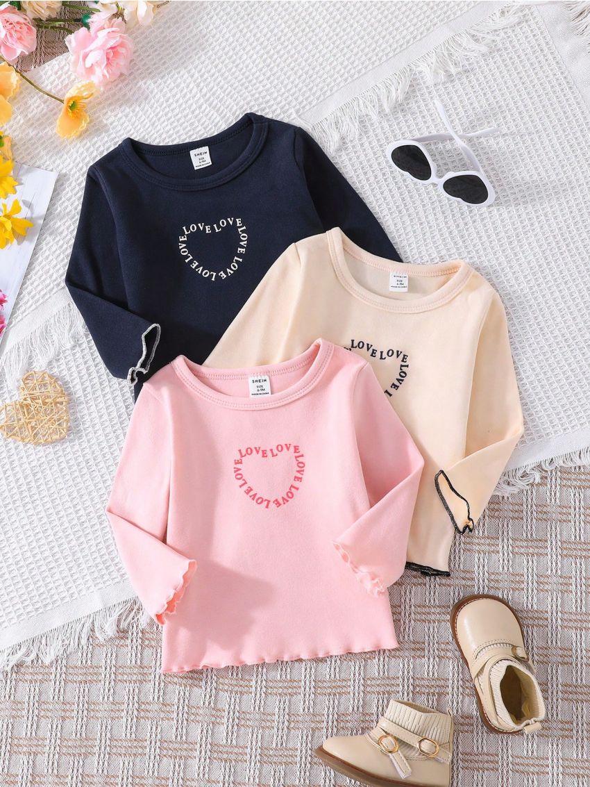 Three-Piece Set Of Long-Sleeved Tops With Heart Letter Pattern For Baby Girls