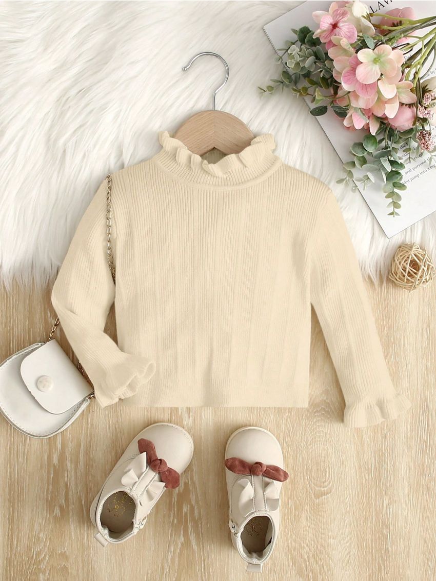 SHEIN Infant Girls' Long-sleeve Stand Collar Pullover Sweater With Cute Ruffled Trim