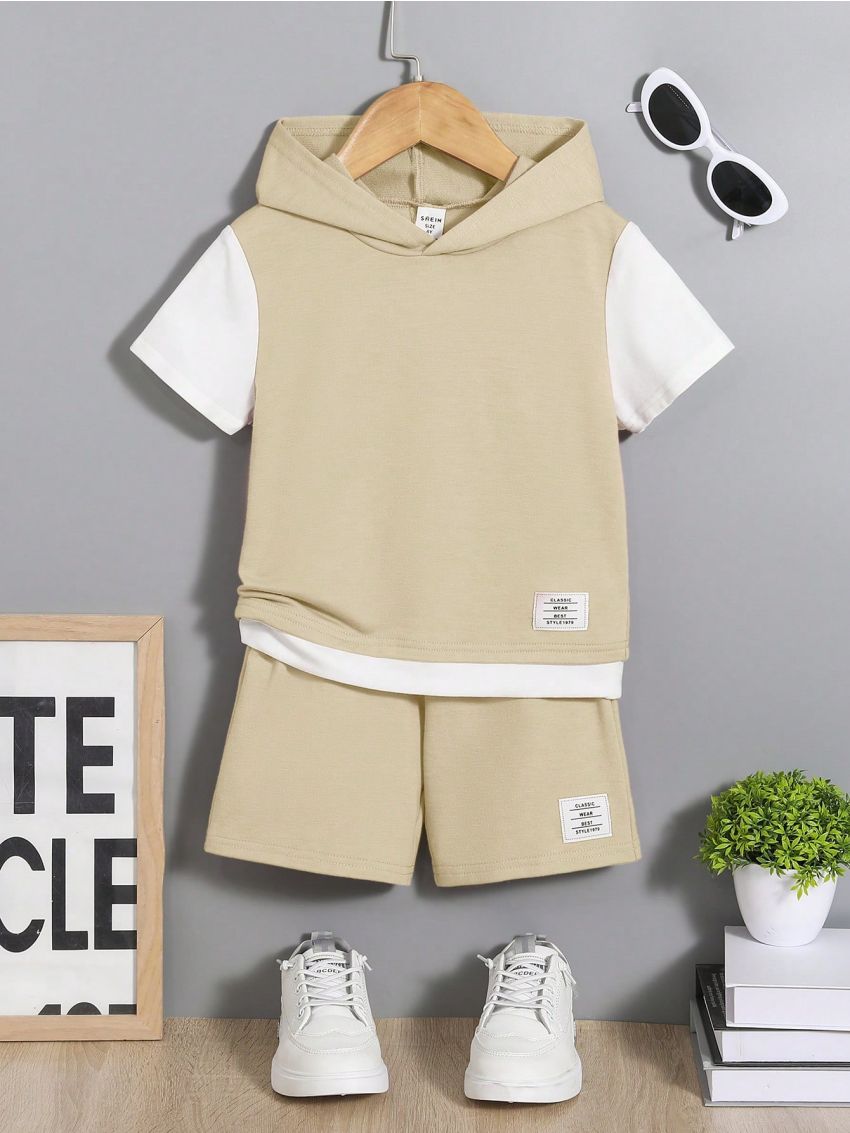 SHEIN Teenage Boys' Casual Color Block Patch Detail Hooded Short Sleeve Top And Shorts Set, Summer