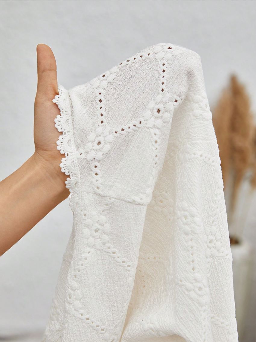 SHEIN Frenchy Hollow Out Embroidery Pure Color Plus Size Shirt With Keyhole Collar