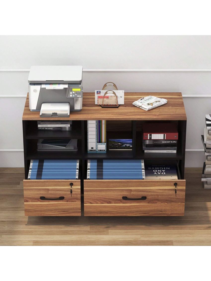 2 Drawer File Cabinets for Home Office, Lockable Lateral Filing Cabinet Printer Stand with Adjustable Shelf & Lockable Wheels, Office Storage Cabinet Fits Files Letter/Legal/F4/A4 Size, Brown