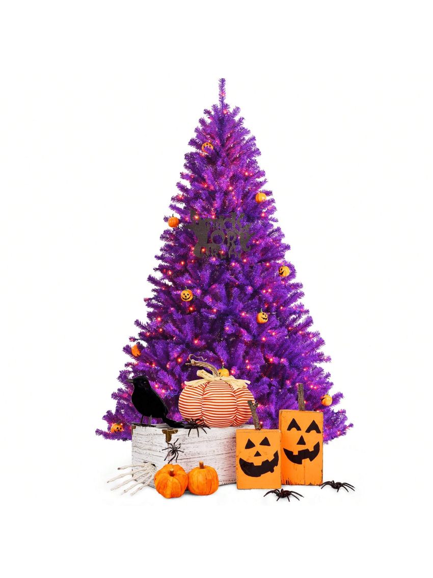 Costway 7ft Pre-lit Purple Halloween Christmas Tree w/ Orange Lights Pumpkin Decorations