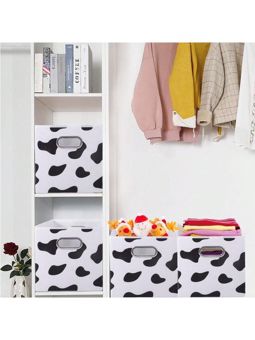 2Pcs Storage Cubes Set Cow Print Large Cotton Linen Storage Bins Boxes Baskets with Handles Foldable Closet Shelf Organizer Container for Home Office