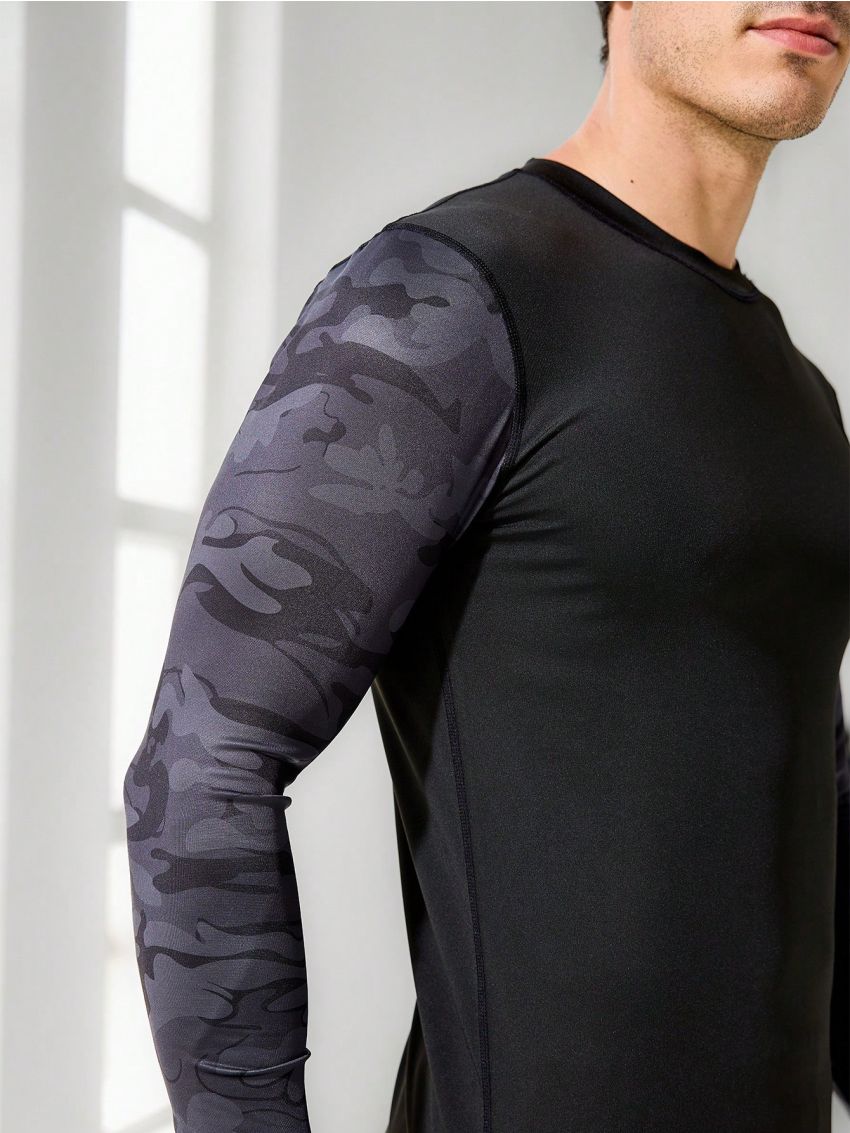 Men's Camouflage Print Long Sleeve T-Shirt, Shorts And Leggings Sports Set