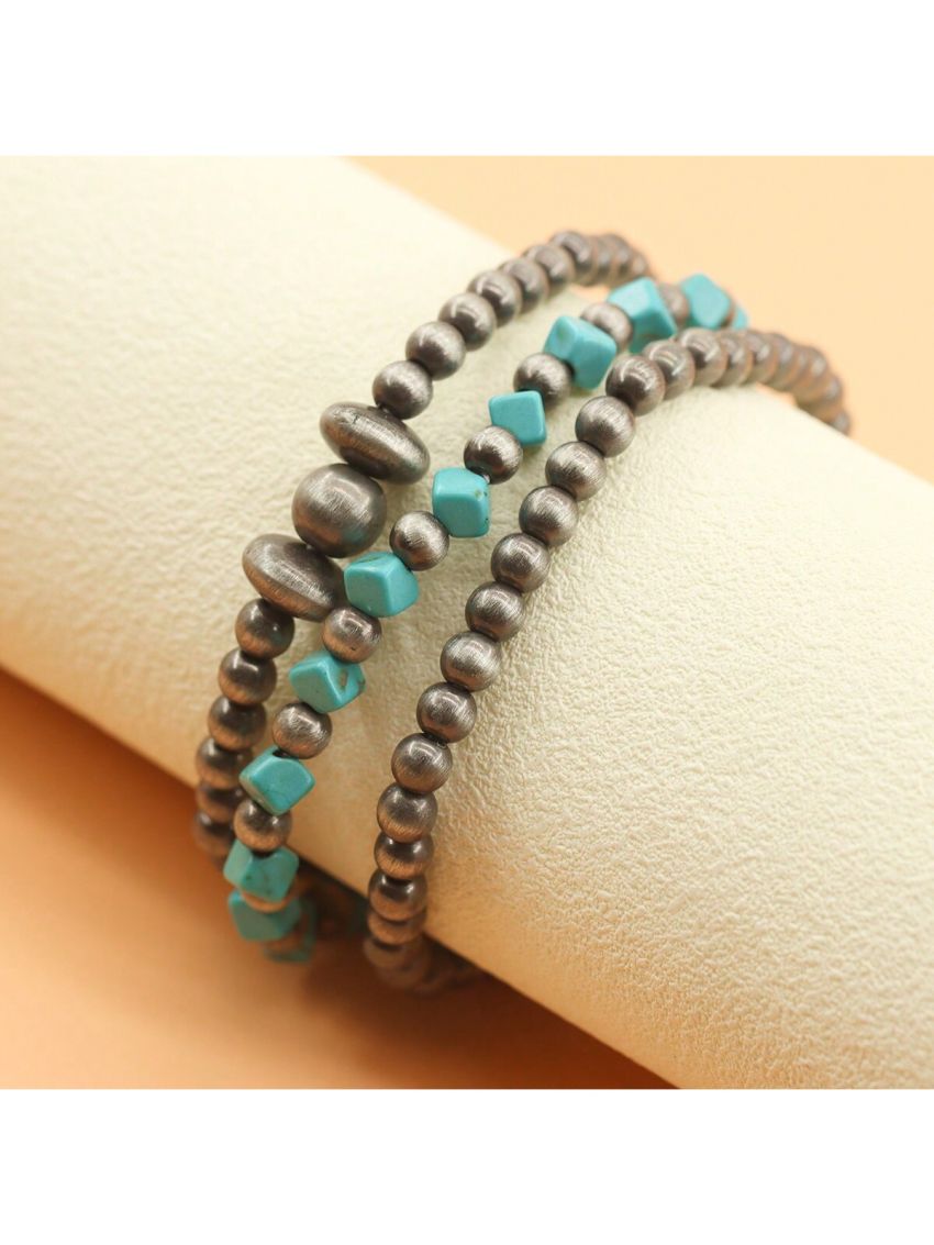 6pieces/set navajo pearl &turquoise stone Vintage silver beaded stacking bangle bracelet Bead Stretchable Elastic Bracelet For Women, Daily Wear