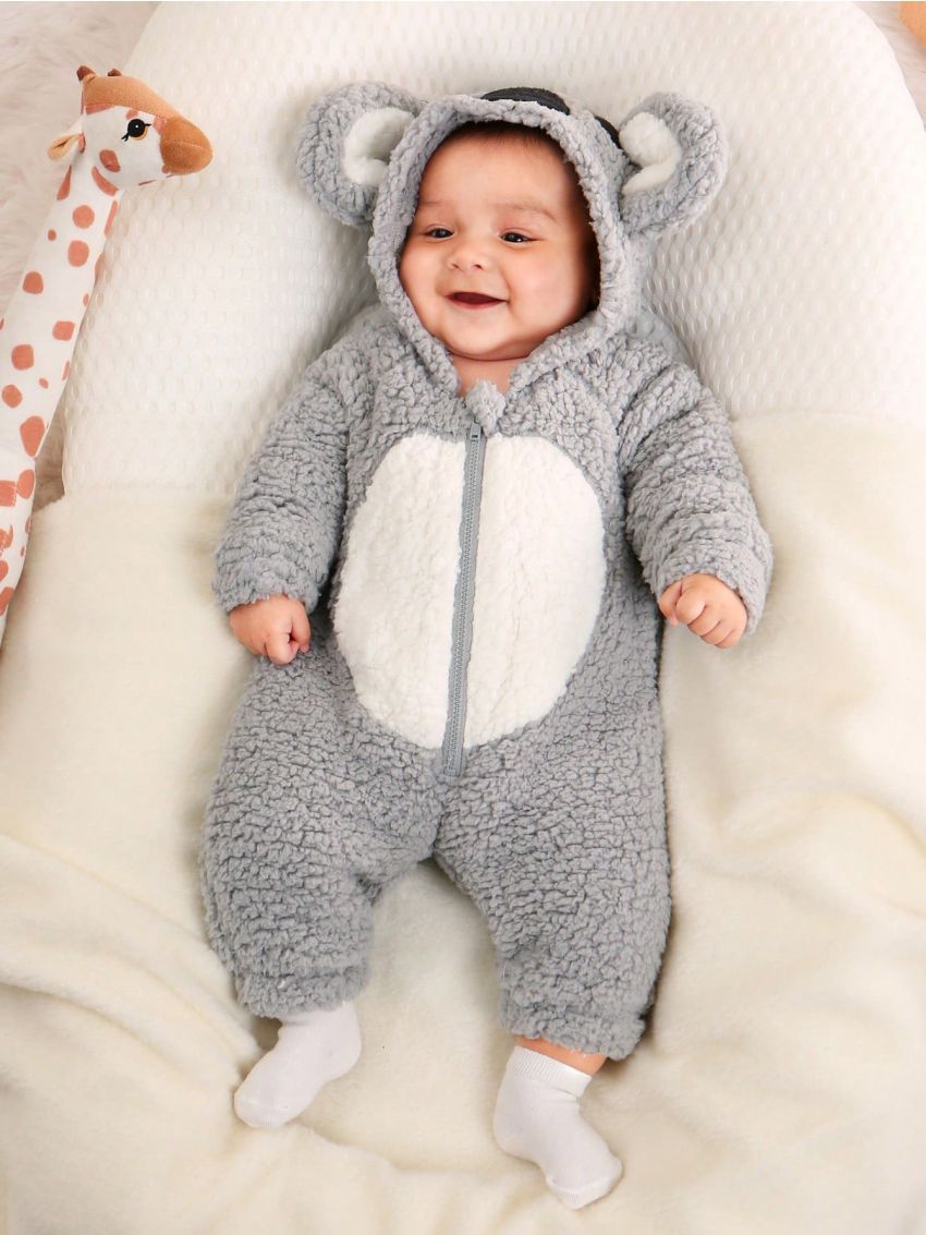 SHEIN Baby Boy Colorblock 3D Ear Design Hooded Plush Sleep Jumpsuit