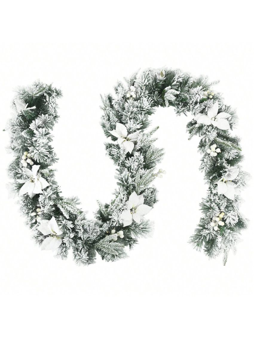 Costway 9ft Pre-lit Snowy Christmas Garland w/ Berries Poinsettia Flowers Timer
