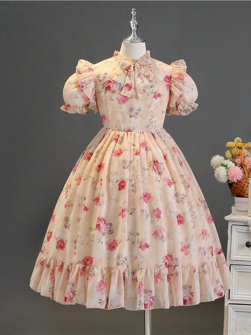 Tween Girls' Vintage Floral Print Soft Wind Long Dress, Suitable For Performance, Wedding, Party Birthday