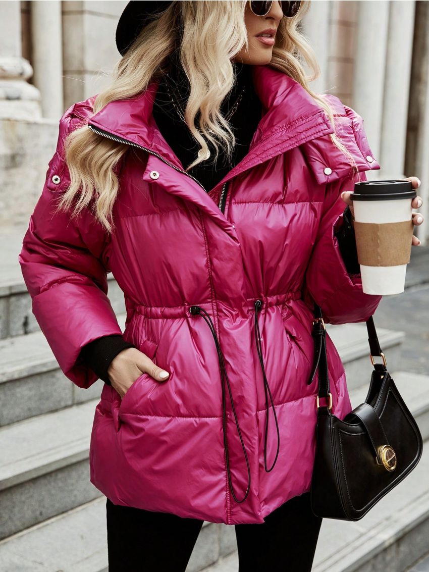 SHEIN Frenchy Drawstring Waist Drop Shoulder Zipper Hooded Down Coat